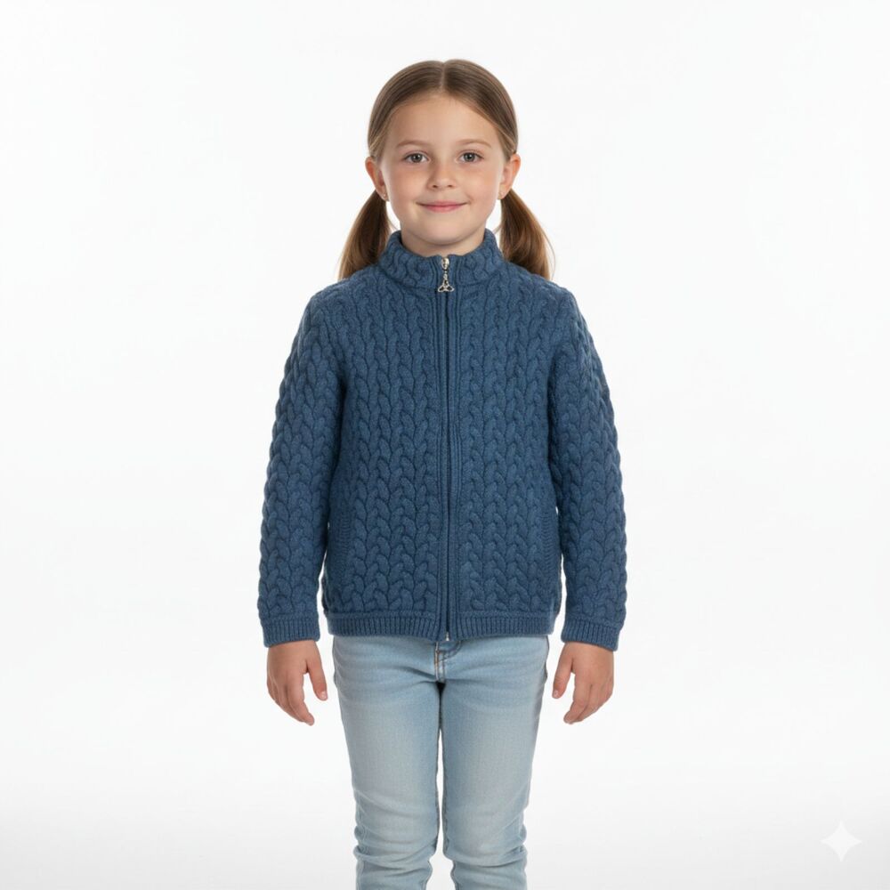 Aran Crafts Ireland 100% Merino Wool Kids Zip Cardigan Sweater Blue Medium